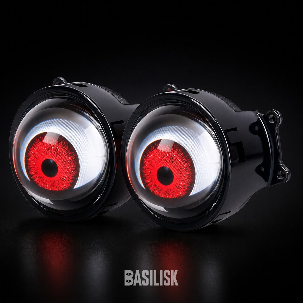 Two BASILISK lenses lit with the red demon eye