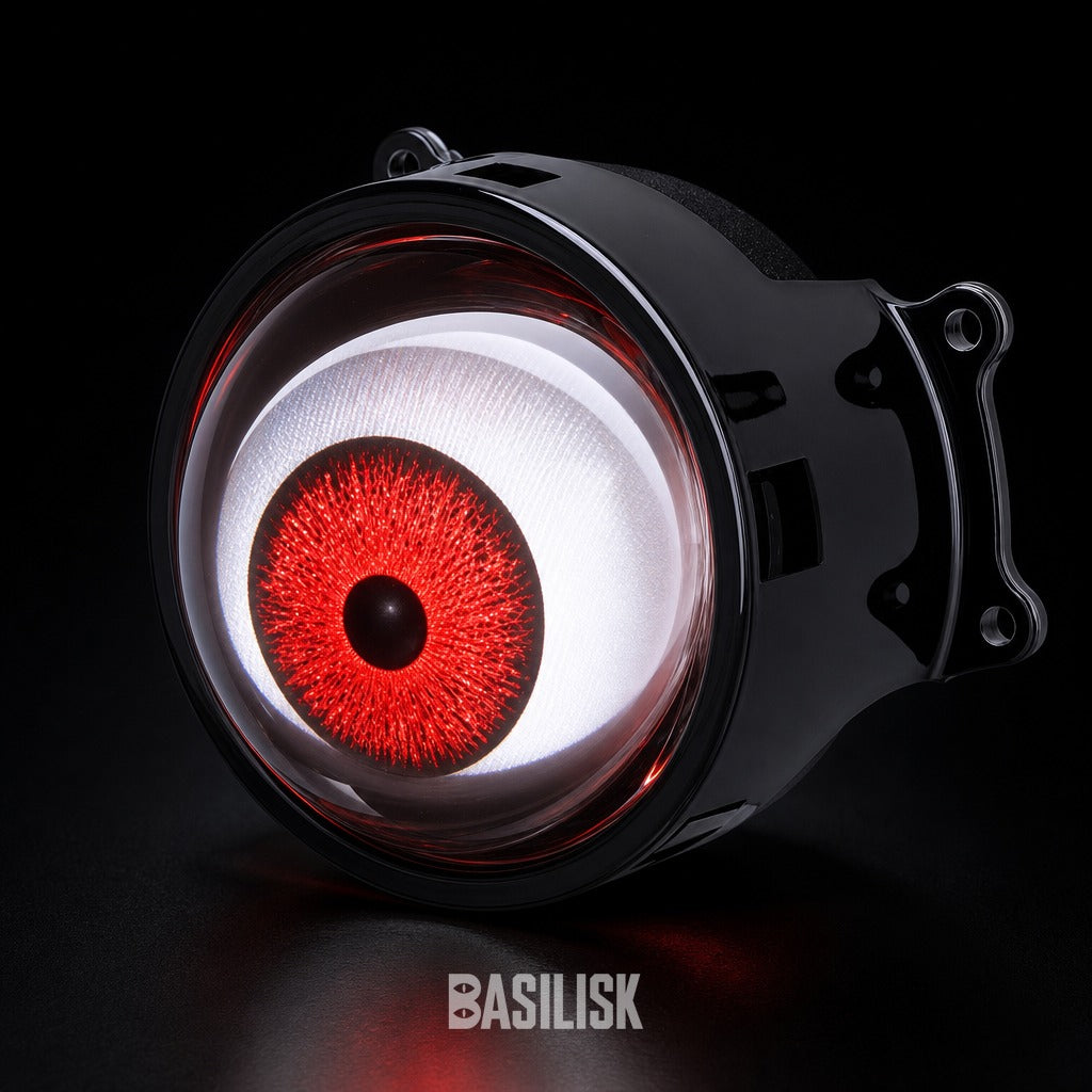 Macro of a single BASILISK lens showing the lit eye