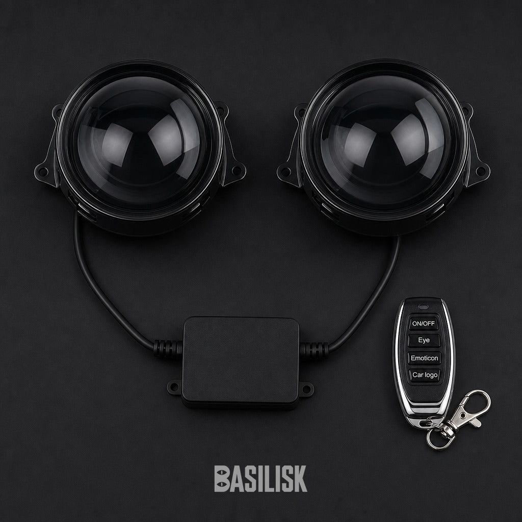 Full kit: two lenses, one driver box and the four-button remote