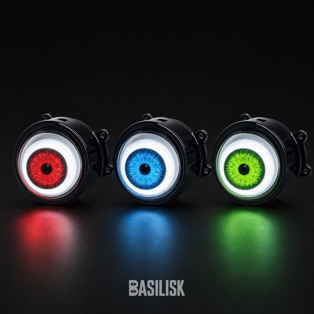 Three lenses lit red, blue and green