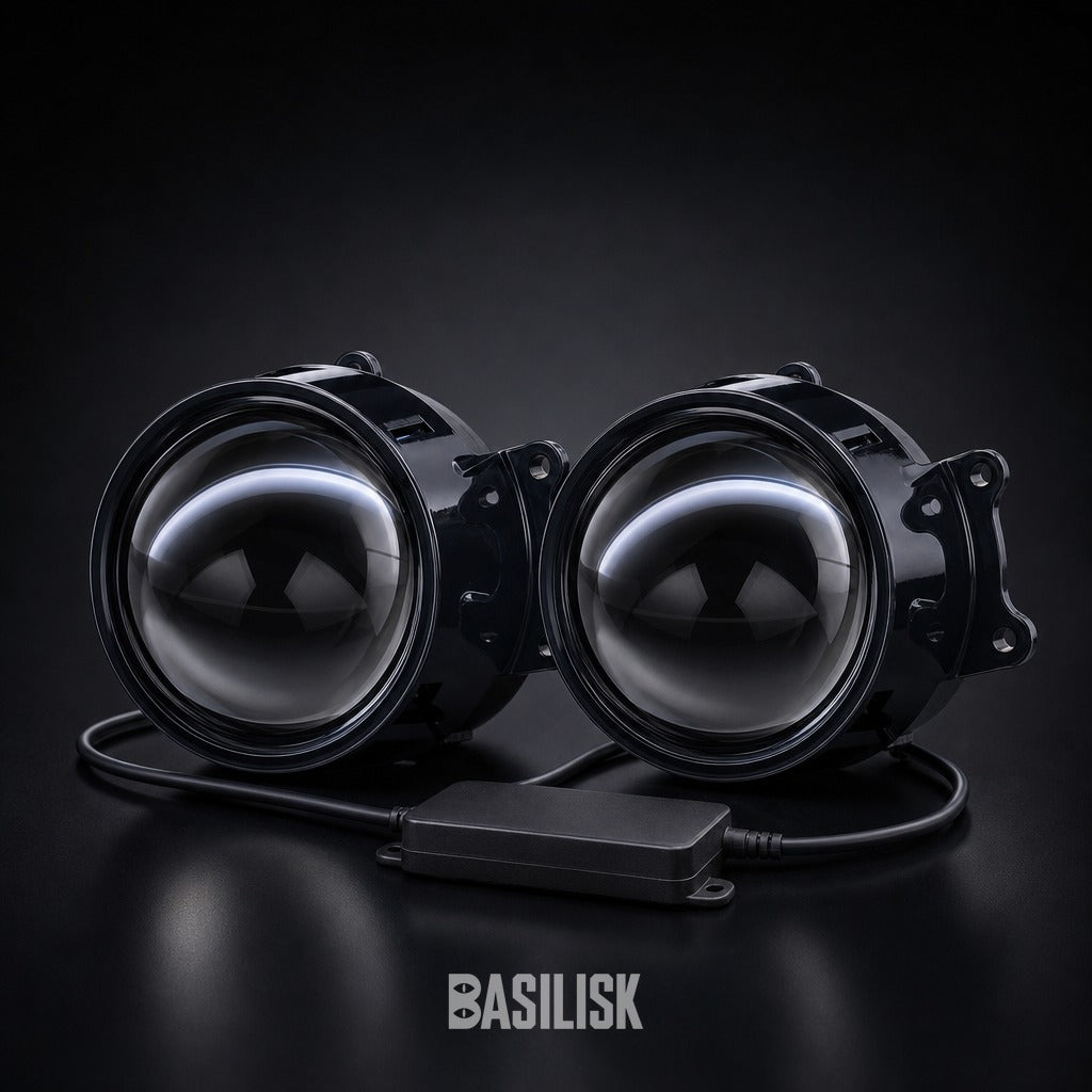 Unlit pair reading as smoked glass, with the driver box