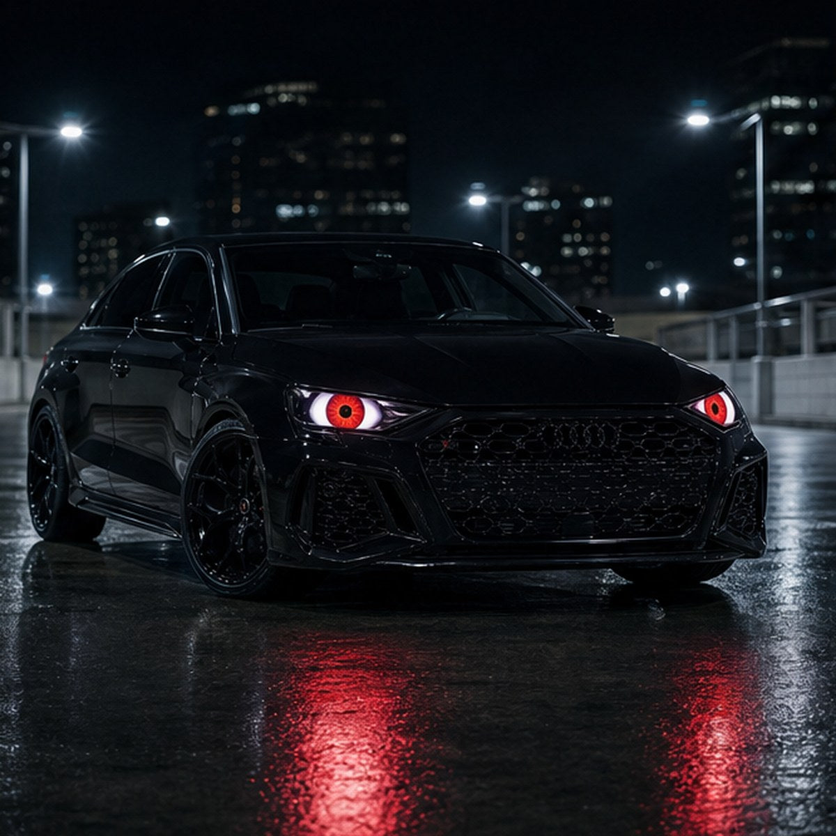 Demon eye headlights lit at night