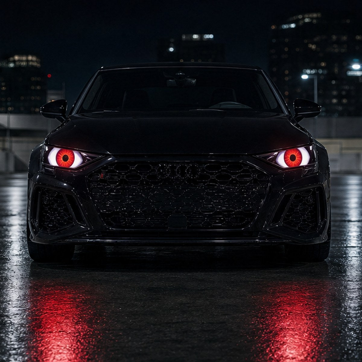 Car at night with demon eye headlights lit